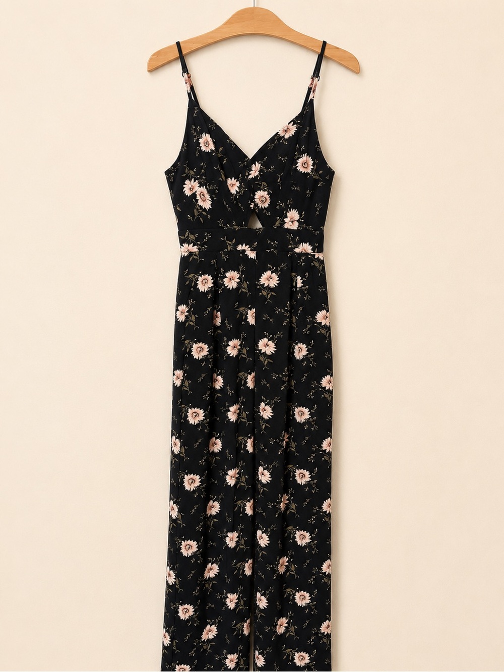 Floral Black Wide-Leg Jumpsuit with Spaghetti Straps